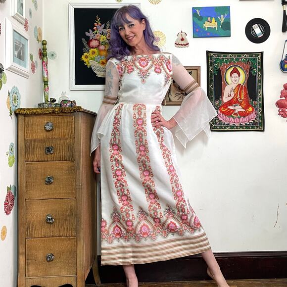 Vintage Dresses & Skirts - Vintage Alfred Shaheen Bell Sleeve Maxi Dress, 1970s Pink Paisley Gown Sz XS